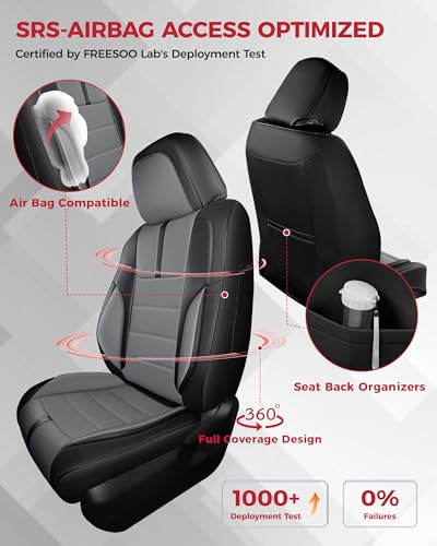FREESOO Universal Full Seat Covers, Waterproof Faux Leather Automotive Seat Covers with Carbon Fiber Texture Seat Belt Pads, Anti-Slip Airbag Compatible Car Seat Covers for Cars SUVs Trucks - color: Black Gray, size: Full Set - 5 Seats