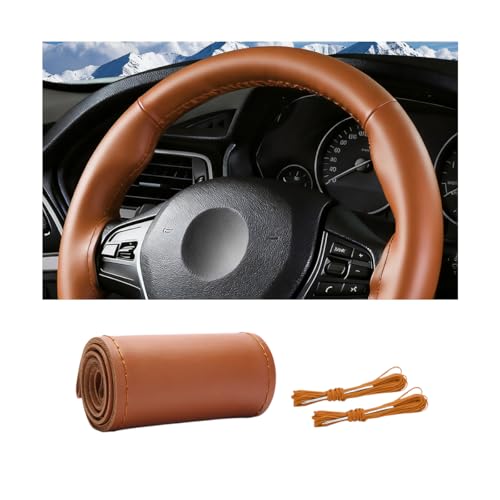 Genuine Leather Car Steering Wheel Cover, DIY Sewing Stitch on Wrap Auto Wheel Cover with Needle Thread, Breathable Anti-Slip Vehicle Steering Stitching Protector, Universal Fit (Brown/Glossy) - color: Brown/Glossy