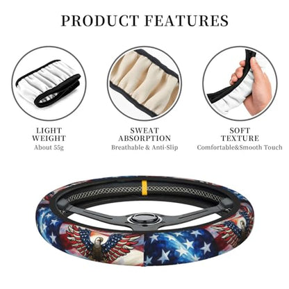 American Flag Neoprene Steering Wheel Cover Anti-Slip Elastic Eagle Pattern Steering Wheel Protector 15in Universal Car Accessories Fit Cars, SUVs, Auto - color: Eagle USA Flag