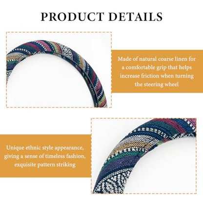 Boho Steering Wheel Cover, 15 Inch Coarse Flax Cloth Ethnic Style Anti-Slip Car Wheel Wrap, Universal Breathable Bohemian Steering Wheel Protector for Cars Vans Trucks (B) - color: B