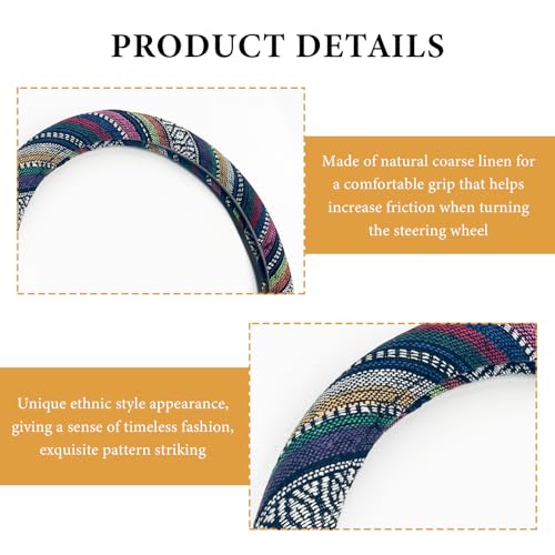 Boho Steering Wheel Cover, 15 Inch Coarse Flax Cloth Ethnic Style Anti-Slip Car Wheel Wrap, Universal Breathable Bohemian Steering Wheel Protector for Cars Vans Trucks (B) - color: B