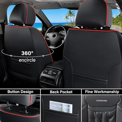 Coverado Car Seat Covers, Nappa Leather Waterproof Seat Cover, Car Seat Protector, Automotive Seat Covers Universal Fit for Most Cars, (Front, Black&Red Line)