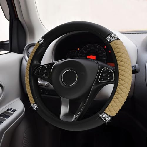 Bling Soft Leather Steering Wheel Cover, Car Wheel Cover, 15 Inch Colorful Rhinestones Auto Elastic Steering Wheel Protector, Car Steering Wheel Accessories Universal for Most Cars (Beige) - color: Beige