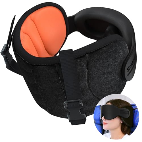 SARISUN Travel Pillows for Airplanes, Airplane Pillow for Long Flight, Airplane Head Strap with Eye Mask for Sleep, Travel Neck Pillow for Car Road Trip, 360° Support Headrest, Stop Bobblehead, Orange - color: Orange