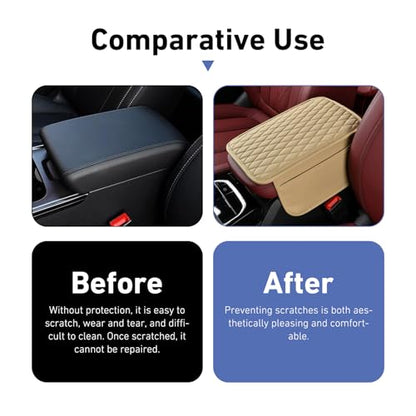 Car Center Console Cover, Upgrade Soft Skin-friendly Leather Arm Rest Cover for Car, Universal Anti-slip Scratch-resistant Armrest Mat with Side Storage Bags, for Trucks, Cars, SUVs (Beige) - color: Beige
