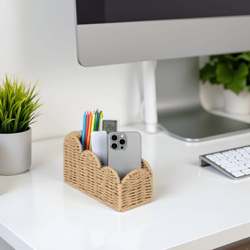 CubesLand Bedside Table Desk Organizer Caddy, Remote Pen&Pencil Holder Cup, Makeup Brush Holder w/Scalloped Perfect for Home, Office Desk, Living Room Table Decor, 3 Slots Beige - color: Beige