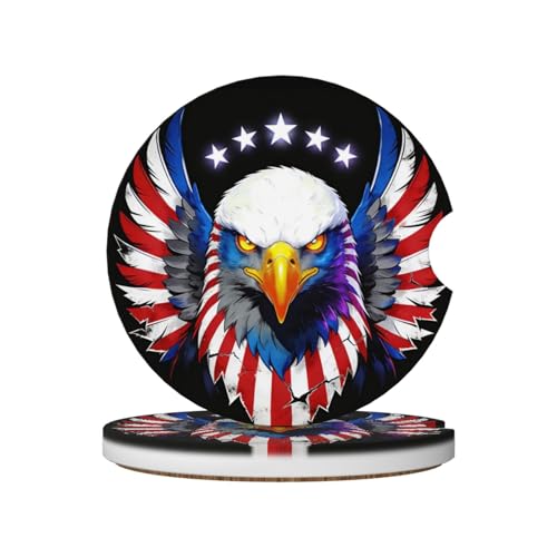 American Flag Bald Eagle Stars 2 Pack Car Cup Holder Coasters Absorbent Ceramic Drink Coasters 2.56" Universal Anti Slip Cup Mat with Cork Base and Finger Notch Auto Accessories Interior - color: Gray