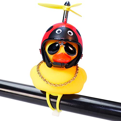 wonuu Rubber Duck Toy Car Ornaments Yellow Duck Car Dashboard Decorations Squeeze Duck Bicycle Horns with Propeller Helmet - color: Red&Black