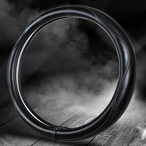 Top Grade Black Genuine Leather Steering Wheel Cover Men Women, Luxury Steering Wheel Cover for Cars, SUVS and Trucks，Universal 14.5-15 inch
