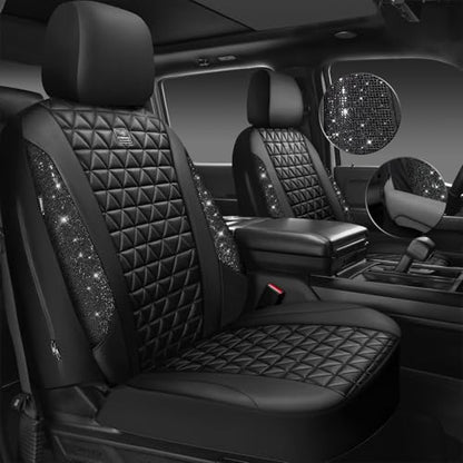CAR PASS Bling Diamond Black Leather Car Seat Covers Full Sets Interior Sets, Waterproof Shining Glitter Sparkly Crystal Universal Armrest Fit Automotive Truck SUV Cute Women Girl, Black PU Rhinestone - color: Black Rhinestone, size: Full Set