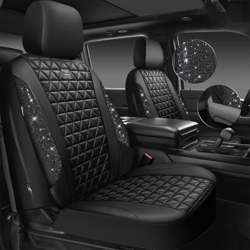 CAR PASS Bling Diamond Black Leather Car Seat Covers Full Sets Interior Sets, Waterproof Shining Glitter Sparkly Crystal Universal Armrest Fit Automotive Truck SUV Cute Women Girl, Black PU Rhinestone - color: Black Rhinestone, size: Full Set