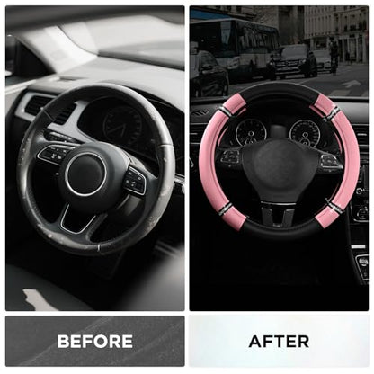 Road Comfort Leather Steering Wheel Cover – Premium Anti-Slip Car Steering Wheel Grip Cover – Universal Fit for 14.5”–15” Cars, Trucks & SUVs - Pink - color: Pink