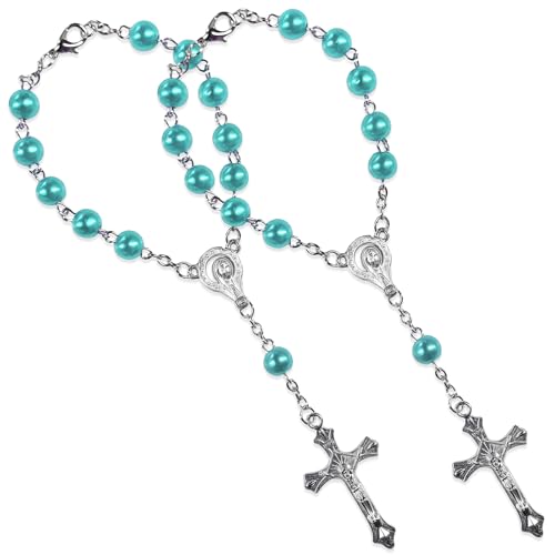 2PCS Car Rosary for Rearview Mirror, Catholic Rosary Pendant Personalized Rear View Mirror Charms, Medal & Cross Auto Hanging Ornament Decorative Accessories for Women Men (Blue) - color: Blue
