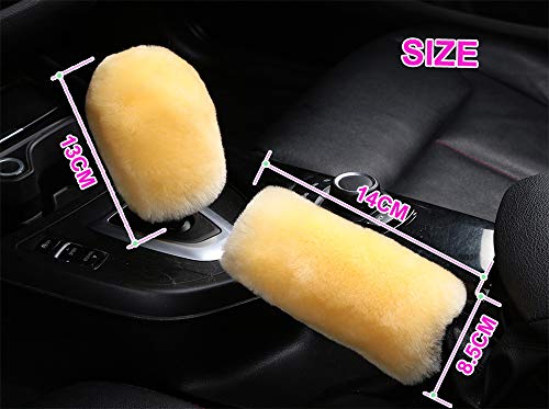 Fluffy Natural Fur Sheepskin Car Gear Shift Handle Level Stick Knob Covers for Automobile Selector Handball Collar, Handbrake Cover (Pea Green)