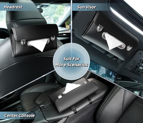 Car Tissue Holder, PU Leather Large Back Seat Tissue Box with Adjustable Straps, Trendy Rectangle Napkin Holder for Car, can Holding on Headrest/Sun Visor/Console