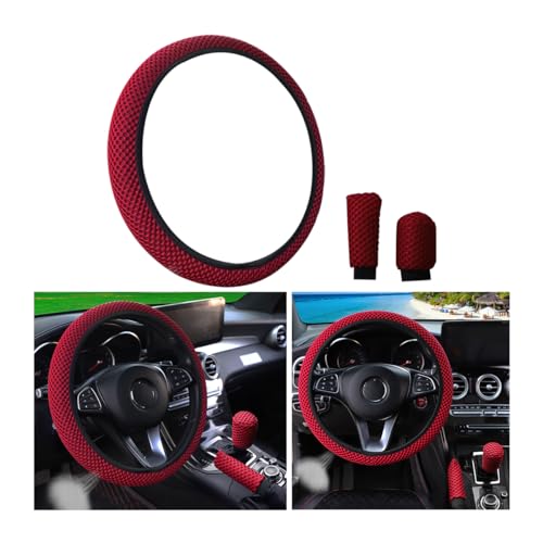 Bittwee 3PCS 15Inch Car Steering Wheel Cover Armrest Cover Gear Shift Cover Set, Microfiber Breathable Anti-Slip Automotive Steering Wheel Protector, Vehicle Interior Decor, Universal Fit（Wine Red） - color: Wine Red