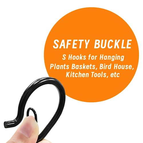 12 PCS S Hooks for Hanging with Safety Buckle, 3.5 inch Heavy Duty Metal S Shaped Hooks for Kitchen Utensil, Cups, Pots, Plants, Bags, Hats (Black) - color: Black