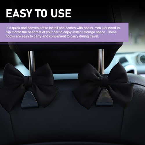 2 PCS Car Purse Hook, Cute Bow Seat Headrest Hooks, Automotive Interior Decorating Accessories, Car Accessories for Women (Black)