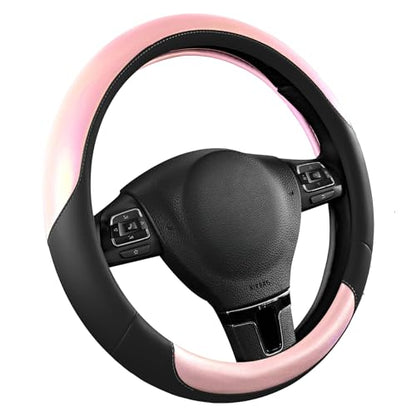 Road Comforts Steering Wheel Cover – Breathable Leather Steering Wheel Cover, Anti-Slip Grip, Universal Fit 14.5” to 15”, Heat & Cold Resistant for Cars, SUVs, and Trucks – Black & Shining Pink - color: Black&Pink