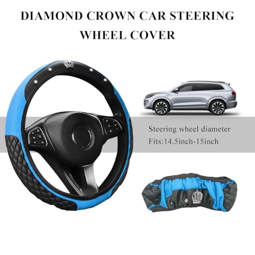 Soft Leather Steering Wheel Cover, 15 Inch Elastic Non-Slip Car Wheel Protector with Crystal Diamond, Universal Sparkling Diamond Crown Accessories for Most Steering Wheels (Blue) - color: Blue