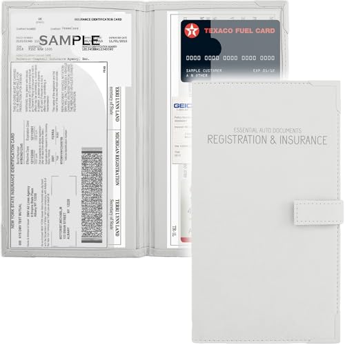 Auto Insurance and Registration Card Holder - Vehicle Glove Box Document Organizer - Car Essential Paperwork Holder for DMV, AAA, Contact Information Cards - Premium PU Leather Wallet Case - White - color: White