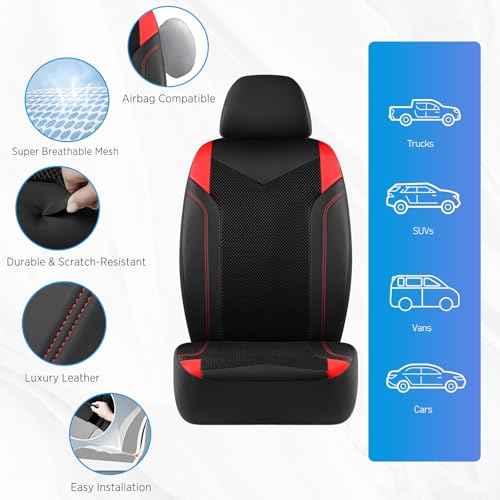 PIC AUTO Car Seat Cover, Super Breathable Mesh Front Seat Cover for Cars, Red Leather Seat Covers, Universal Fit, Durable, Airbag Compatible, Suitable for SUVs, Trucks, Sedans, and Vehicles - color: Red