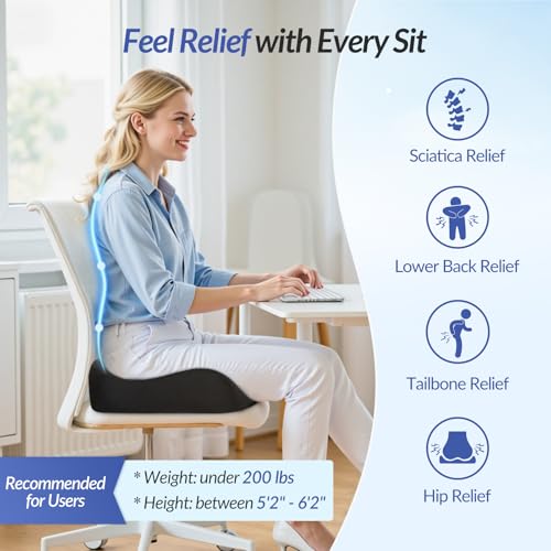 Pioneering Seat Cushion for Pressure Relief, Ergonomic Office Chair Cushion for Sciatica, Back, Hemorrhoids & Tailbone Pain Relief, High-Density Memory Foam Car Seat Cushion with Anti-Slip Base
