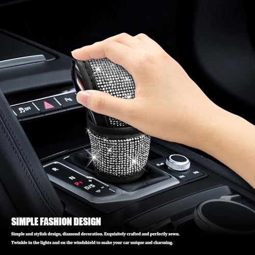 Bling Auto Gear Shift Knob Cover, Car Shifter Cover, Sparkly Crystal Rhinestones Gear Shift Knob Cover for Women Girls, PU Leather Shift Gear Cover with Bling Accessories Fit Cars (White) - color: White