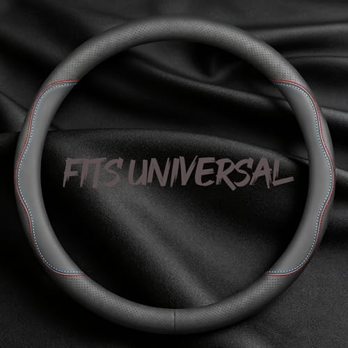 Leather Car Steering Wheel Cover, Breathable Laser-Perforated, Red-Blue Dual Lines, Premium Texture, 14.5-15 Inch for General Models - color: Red and blue dual lines, size: 1-Universal