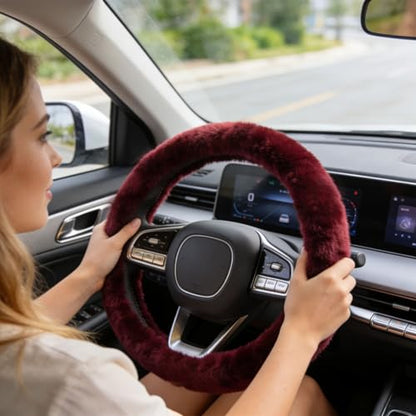 1 Set 6 Pcs Fluffy Car Steering Wheel Cover & Seat Belt Shoulder Pads & Handbrake Cover & Gear Shift Cover Set & Seat Belt Shoulder Pads Faux Wool Universal Fit Car Interior Accessories (Wine Red) - color: Wine Red