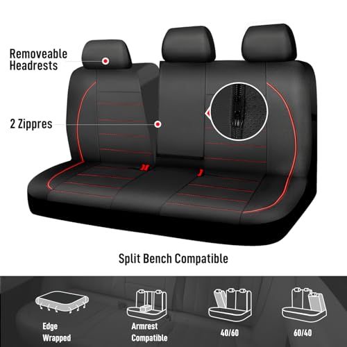 CAR PASS Leather Back Seat Cover,Piping Waterproof Bench Seat Cover, Rear Seat Cover Universal Fit for Cars Sedans SUVs Truck 95% Automotive Interior Backseat Car Covers (Rear,Black and Red) - color: Black Red Rear