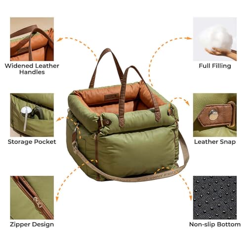 FUNNYFUZZY Luxury Dog Car Seat for Small Medium Dogs Under 35 lbs, Waterproof Leather Pet Booster Seat with Safety Leash & Anti-Slip Base, Fully Padded Dog Car Bed, Portable Puppy Carrier(Green)