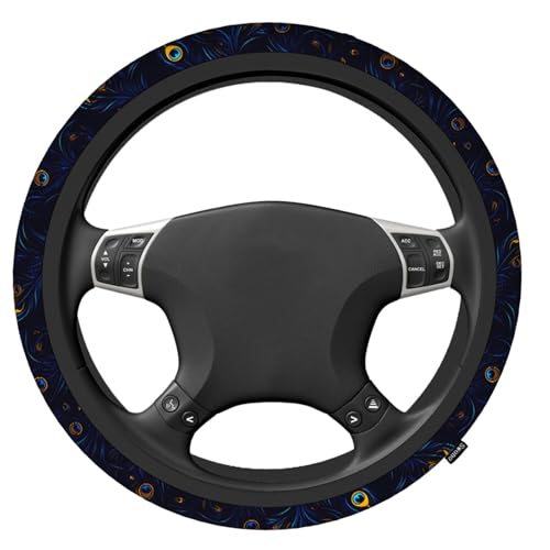 Swono Peacock Feather Steering Wheel Cushion Case Beautiful Blue and Green Peacock Feathers Neoprene Car Steering Wheel Covers 15 Inch Anti Slip Compatible Auto Car Wrap Cover for Men Women - color: multi-052
