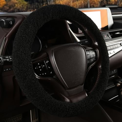 Fuzzy Warm Steering Wheel Cover for Winter, Soft Fleece Steering Wheel Cover for Women Men with Upgraded Silicone Inner Ring and Plush, Anti-Slip, Odorless Car Interior, Universal 14.5-15 Inch (Black)