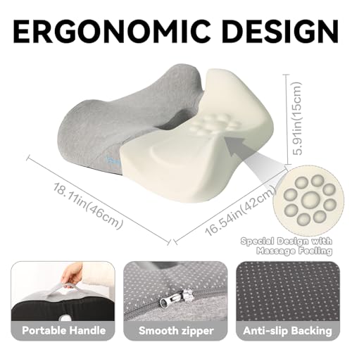 18x16 Inch Memory Foam Seat Cushion for Office, Car, Travel | Grey Chair Cushions with Removable Cover, Non-Slip Bottom and Carry Handle - color: Gray