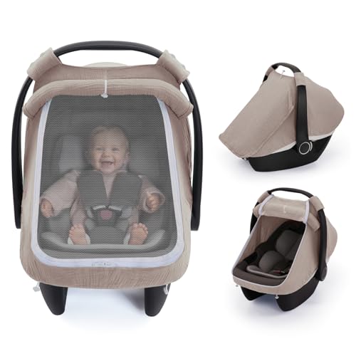 Blissful Diary Baby Car Seat Cover, Extra Large Mesh Window, Breathable Muslin Cotton, Infant Windproof Canopy, Agreeable Gray - color: Agreeable Gray