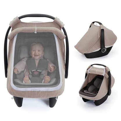 Blissful Diary Baby Car Seat Cover, Extra Large Mesh Window, Breathable Muslin Cotton, Infant Windproof Canopy, Agreeable Gray - color: Agreeable Gray
