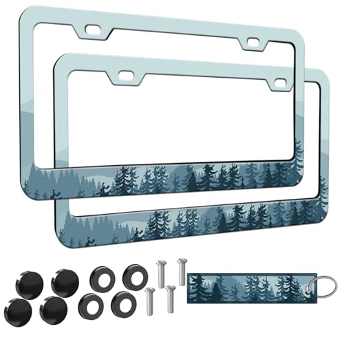 2pcs Blue Mountain Forest License Plate Frame for Women, Blue Mountain car Decorative tag Frames Girly, Natural License Plate Cover Holder for Vehicle with Double Sided car Keychain tag - color: for blue Mountains Forest, size: 2pcs