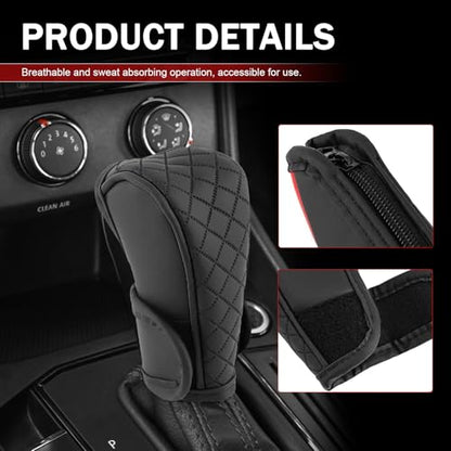 Car Gear Shift Cover, Upgraded Leather Car Gear Shift Knob Cover, Soft Breathable Auto Shifter Stick Protector, Anti-Slip Auto Shifts Handle Transmission Decor, Universal for Most Cars(Black)