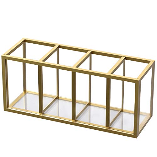 NIUBEE Acrylic Pen Holder 4 Compartments, Gold Copper Border Pencil Organizer Cup for Countertop Desk Accessory Storage - color: Gold, size: 4 Cube