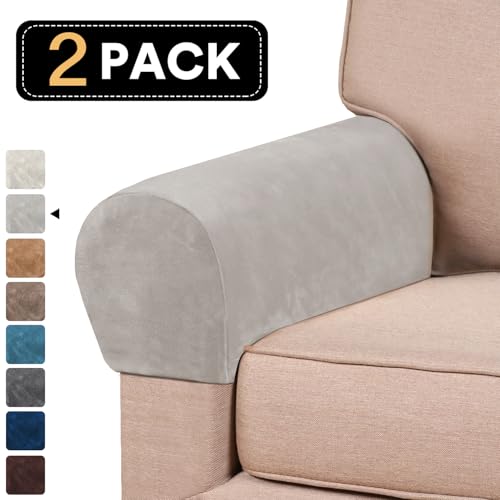 2 Pack Thick Velvet Stretch Armrest Covers for Chairs and Sofas Armchair Covers for Arms Couch Arm Covers Armrest Covers for Sofa Non Slip, Oatmeal - color: Oatmeal