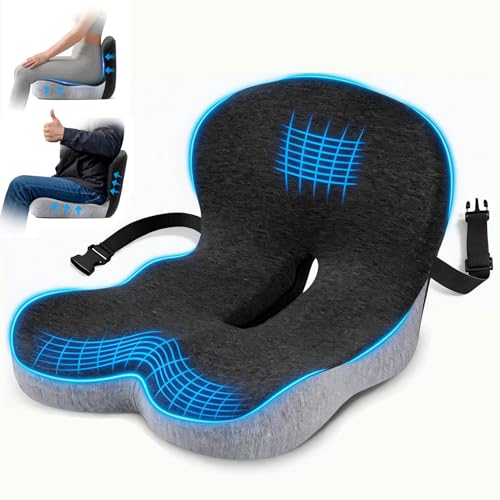 lazyzzz Office Chair Cushion, Memory Foam Seat Cushion with Lumbar Support & Adjustable Strap, Ergonomic Car Orthopedic Seat Cushion Back Pain Relief for Truck Driver, Office Chair, Gaming Chair