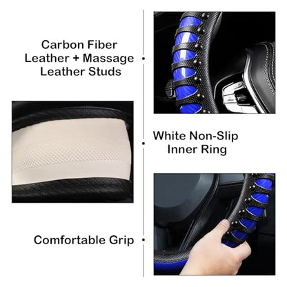 3D Massage Blue Carbon Fiber Leather Steering Wheel Cover, 14.5-15 Inch Non-Slip Breathable Microfiber Car Steering Wheel Protector - color: 3D Massage - Sports Blue