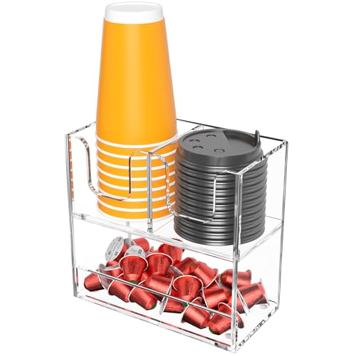 Beego 3-Compartment Cup Holder for Countertop - 2-Tier Clear Acrylic Cup Dispenser Coffee Station Paper Cup and Lid Organizer Condiment Storage for Restaurant Breakroom Kitchen Bar Accessories - color: Clear, size: 3 Compartments