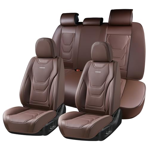Coverado Car Seat Covers Full Sets, 5 Piece Car Seat Protector Waterproof Leather Seat Cushion Universal Fit for Truck Automotive Vehicles Brown - color: Brown, size: Full Set
