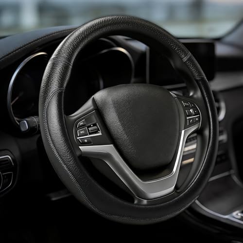 Car Steering Wheel Cover, Durable Leather Cover with Anti-Slip Lining, Microfiber PU Leather Elastic Steering Wheel Protector, Comfortable Non-Slip Steering Wheel Covers for Autos (Black) - color: Black