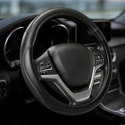 Car Steering Wheel Cover, Durable Leather Cover with Anti-Slip Lining, Microfiber PU Leather Elastic Steering Wheel Protector, Comfortable Non-Slip Steering Wheel Covers for Autos (Black) - color: Black