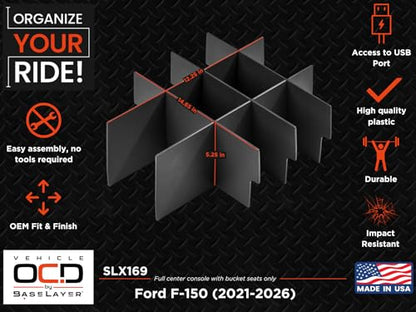 Center Console Organizer for Ford F150 (2021-2026) (Full Console w/Bucket Seats ONLY) - Made in USA - Select 2024-2026 Models - SLX169