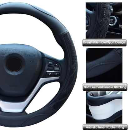 Alusbell Breathable Auto Car Steering Wheel Cover for Men and Women Microfiber Leather 15 Inches Black