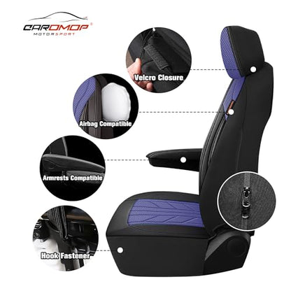 Luxury Faux Leather&Fabric Car Seat Covers Full Set with Breathable 3D Foam Back Support,Universal Comfortable Seat Covers for Cars,Trucks,SUVs, Front Armrests Compatible(5-Seat Black/Blue)